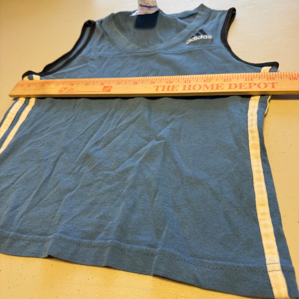 Vintage Y2K Adidas Girls Medium 8-10 Sleeveless Tank Top Blue 3-Stripe V-Neck - Picture 6 of 6